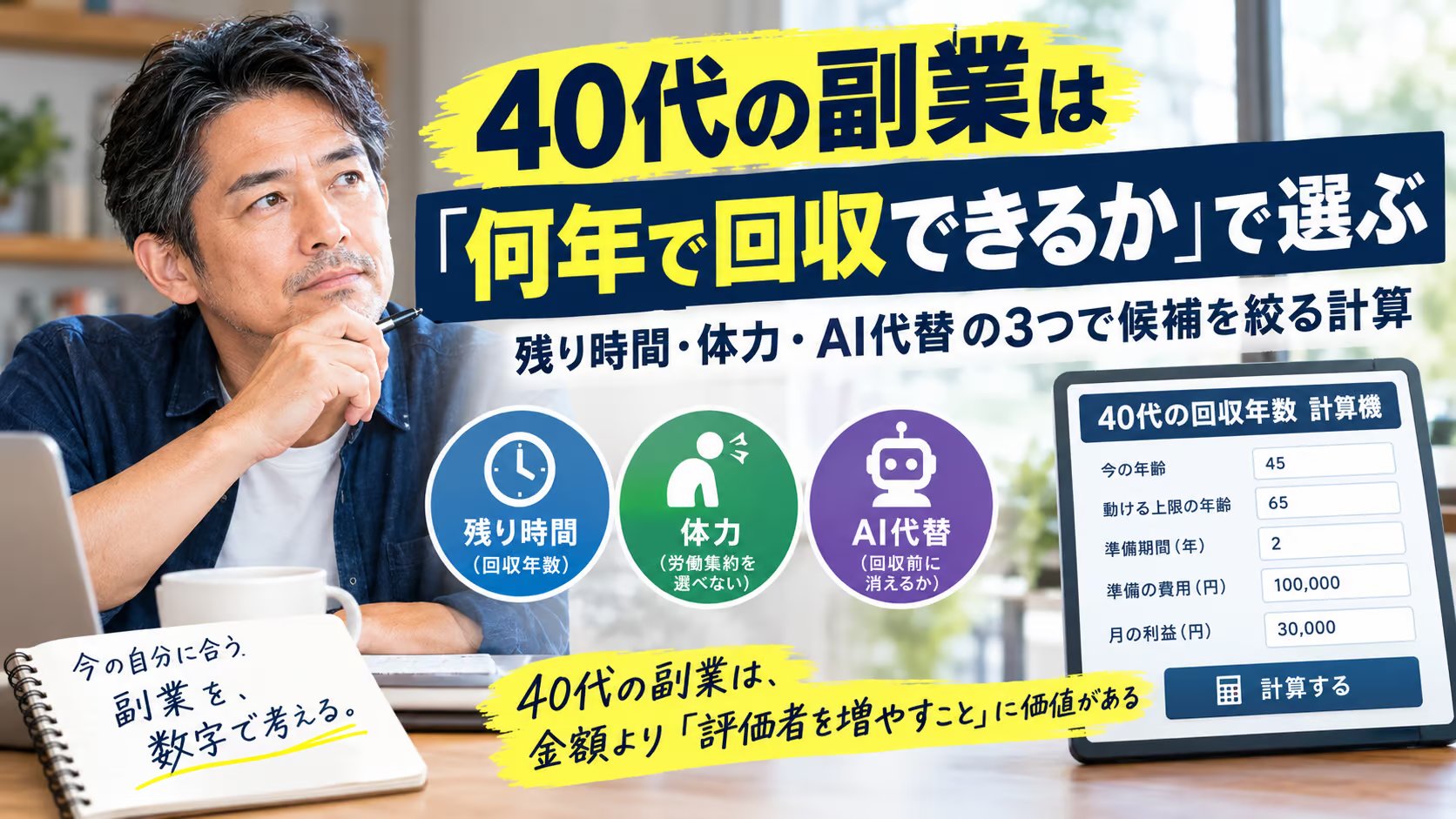 40代の副業は「何年で回収できるか」で選ぶ｜残り時間・体力・AI代替の3つで候補を絞る計算