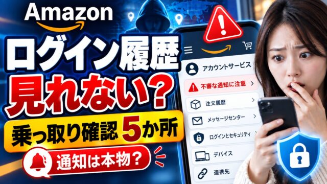 Amazonのログイン履歴｜一覧で見る画面はヘルプに見当たらない。代わりに注文履歴・メッセージセンター・端末・連携アプリを見る。身に覚えのない通知は私の場合は偽メールだった。パスキーと2段階認証