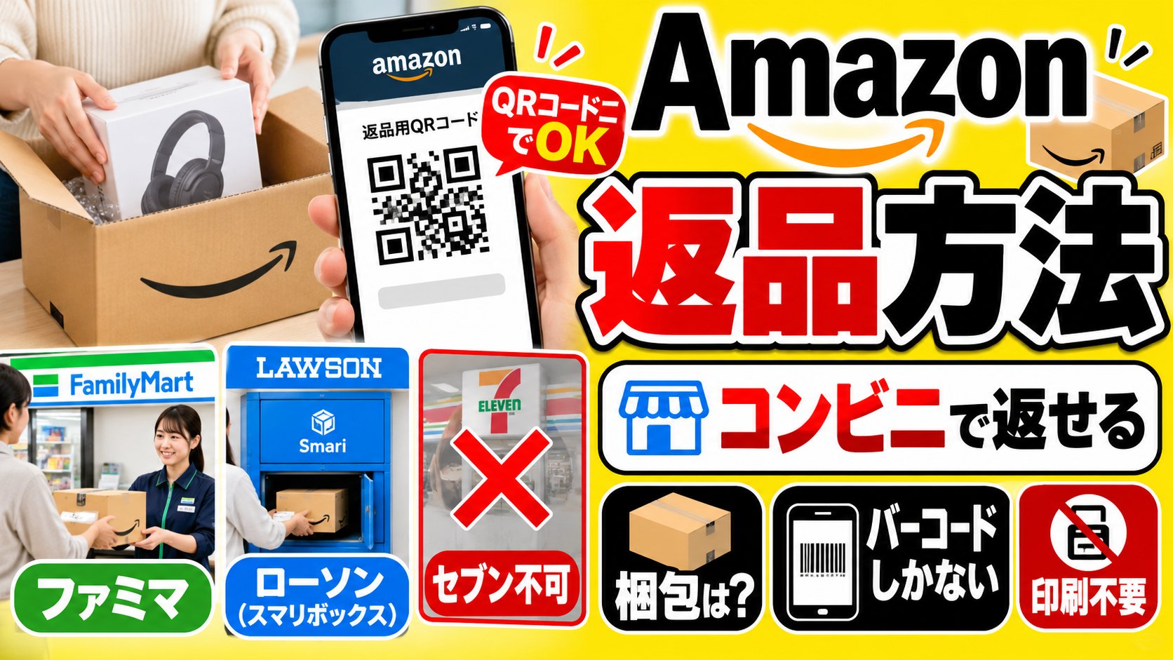 Amazonの返品方法｜コンビニはファミマとローソン（スマリボックス）、セブンは不可。QRコードなら印刷不要