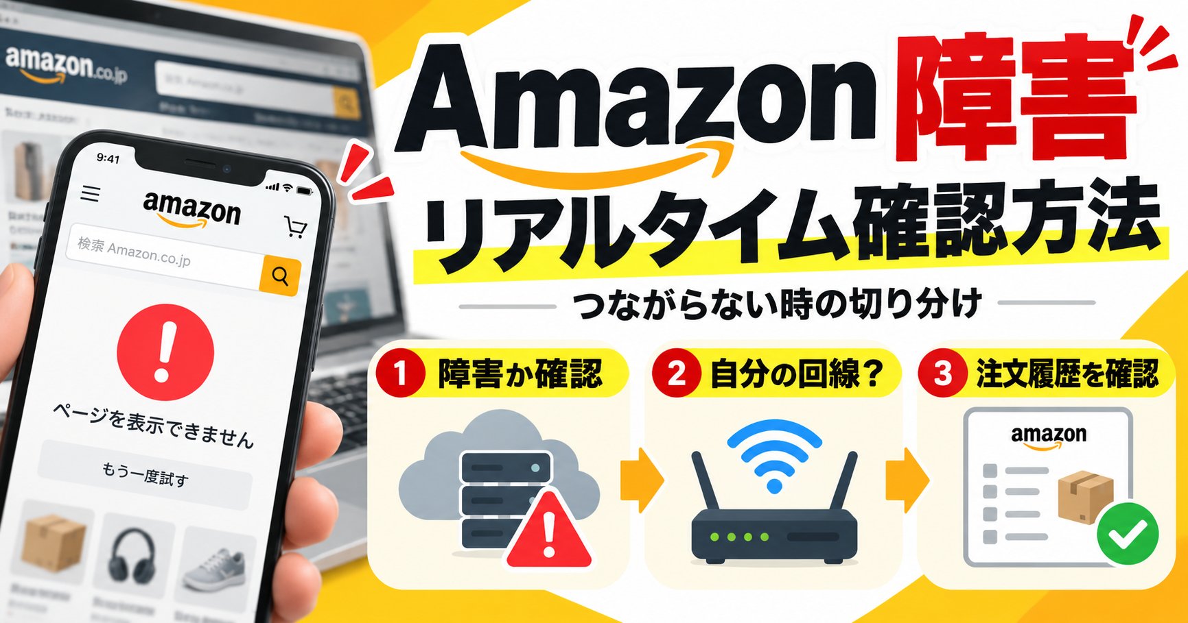 Amazonの障害をリアルタイムで確認する方法。つながらない時の切り分け：障害か確認、自分の回線か、注文履歴を確認