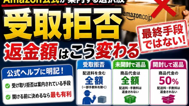 Amazonの受け取り拒否｜返金は全額、事前連絡もペナルティの条文もなし。開けて返品すると50%