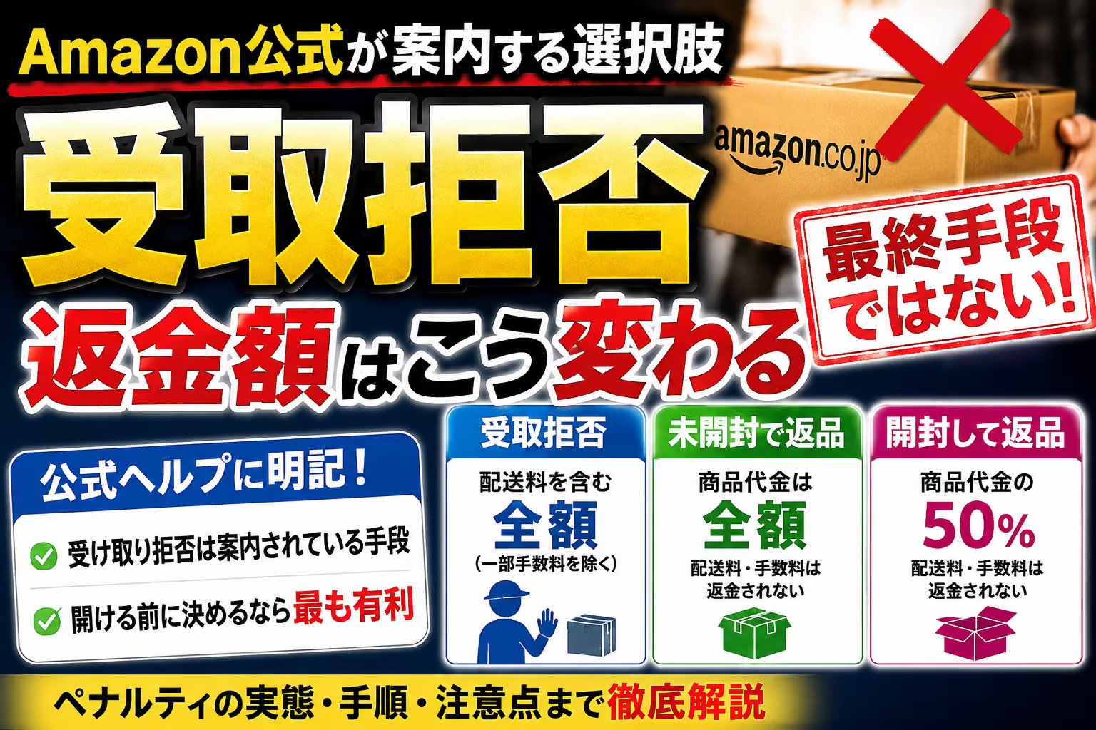 Amazonの受け取り拒否｜返金は全額、事前連絡もペナルティの条文もなし。開けて返品すると50%