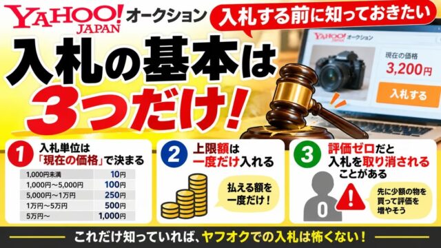 ヤフオクの入札単位と入札のコツ｜上限額は一度だけ。早見表と、評価ゼロだと取り消される理由