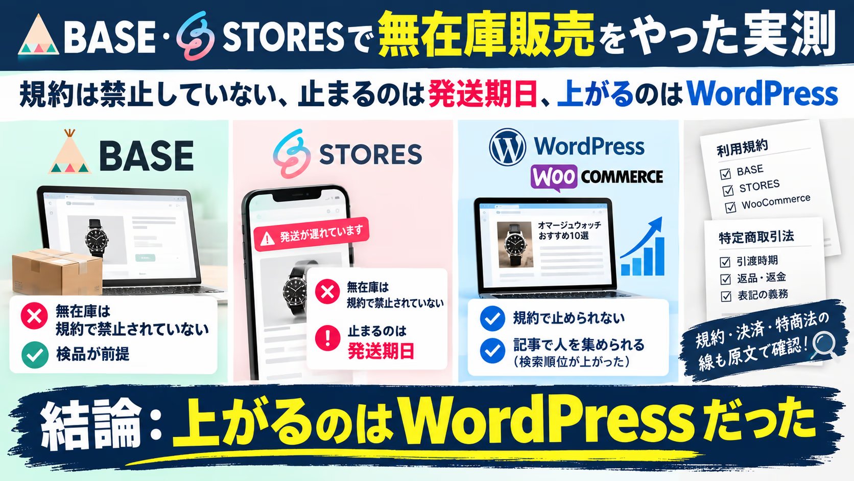 BASE・STORESで無在庫販売をやった実測｜規約は禁止していない、止まるのは発送期日、上がるのはWordPress