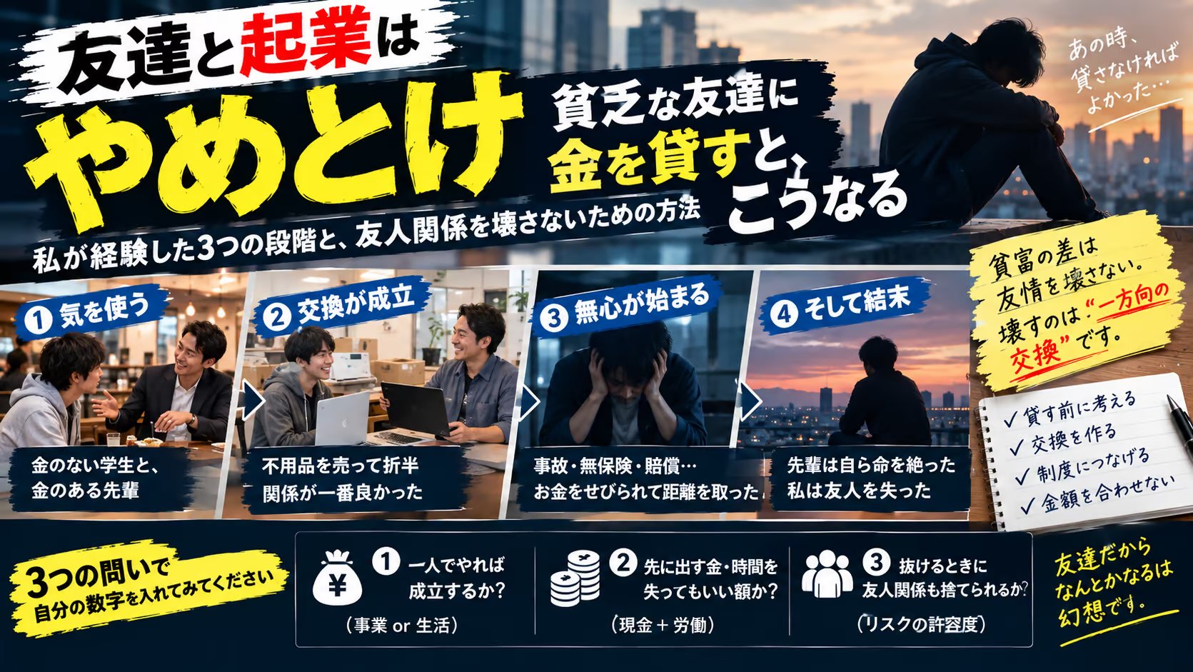 貧乏な友達に気を使う・金欠の友達がうざい・金を貸すべきか｜先輩の無心から距離を取った側の結論