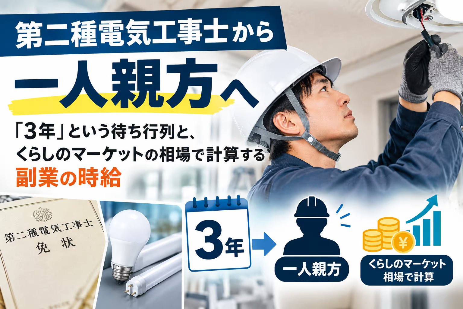 第二種電気工事士から一人親方へ｜「3年」という待ち行列と、くらしのマーケットの相場で計算する副業の時給