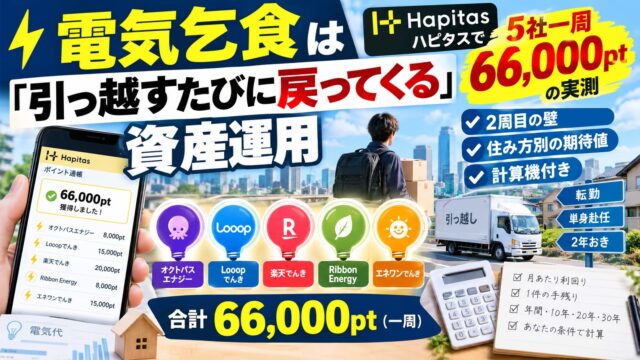 電気乞食は「引っ越すたびに戻ってくる」資産運用｜ハピタスで5社一周66,000ptの実測、2周目の壁、住み方別の期待値