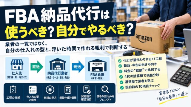 FBA納品代行は使うべきか、自分でやるべきか｜4社使った側の型判定・総額の見方・「浮いた時間で作れる粗利」の損益分岐計算機