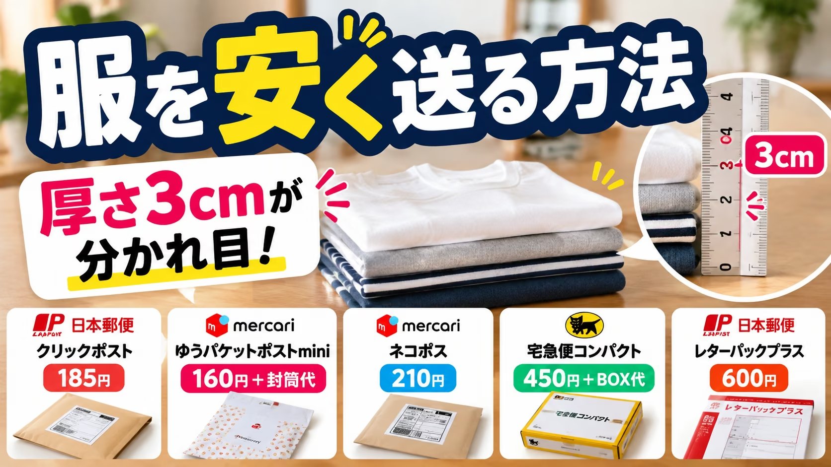 服を安く送る方法は厚さ3cmが分かれ目。クリックポスト185円、ゆうパケットポストmini160円＋封筒代、ネコポス210円、宅急便コンパクト450円＋BOX代、レターパックプラス600円