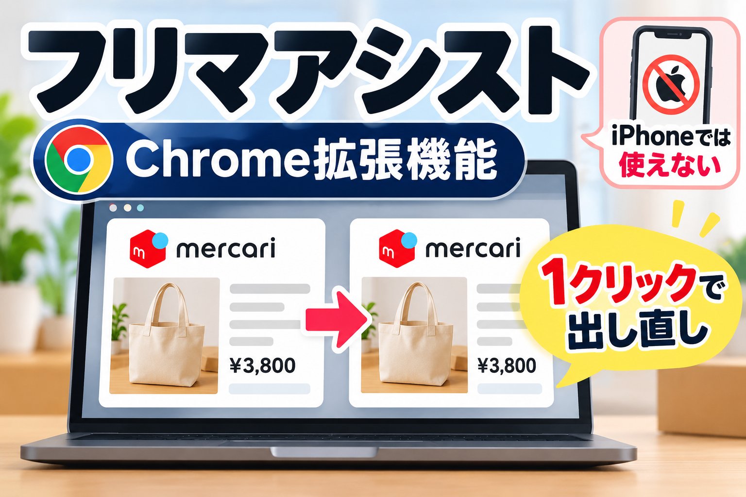 フリマアシスト（Chrome拡張機能）でメルカリの商品を1クリックで出し直す。iPhoneでは使えない