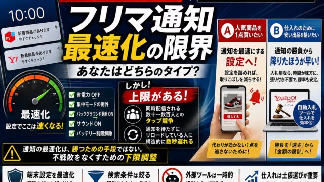 メルカリの通知が遅い・来ない原因と直し方｜新着通知は30日で切れる。設定と、速くしても勝てない相手