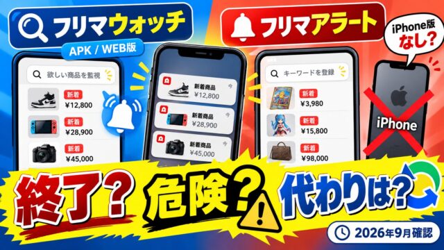 フリマウォッチ・フリマアラートの今｜フリマアラートはストアに無く、フリマウォッチはAndroid版APKとWEB版。仕入れで両方使いよく買えた私が確かめた