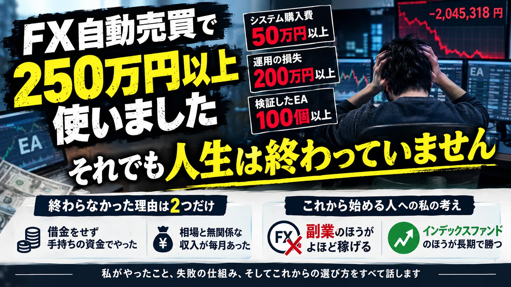 FX自動売買で250万円以上失っても人生は終わっていない｜システム購入費50万円以上・運用の損失200万円以上・検証したEA100個以上の要約図
