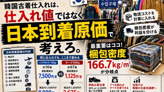 韓国古着仕入れ｜日本到着原価で考える・梱包密度166.7kg/m³という分岐点