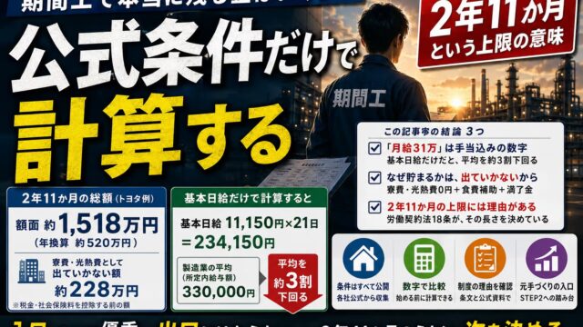 期間工で本当に手元に残る金はいくらか｜公式の条件だけで計算する、   「2年11か月」という上限の意味
