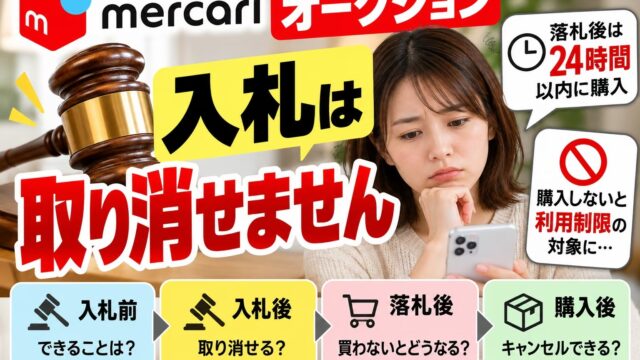 メルカリのオークションは入札を取り消せない｜落札後に購入されないと24時間で通常出品に。不払いの落札者はブロックして出し直した