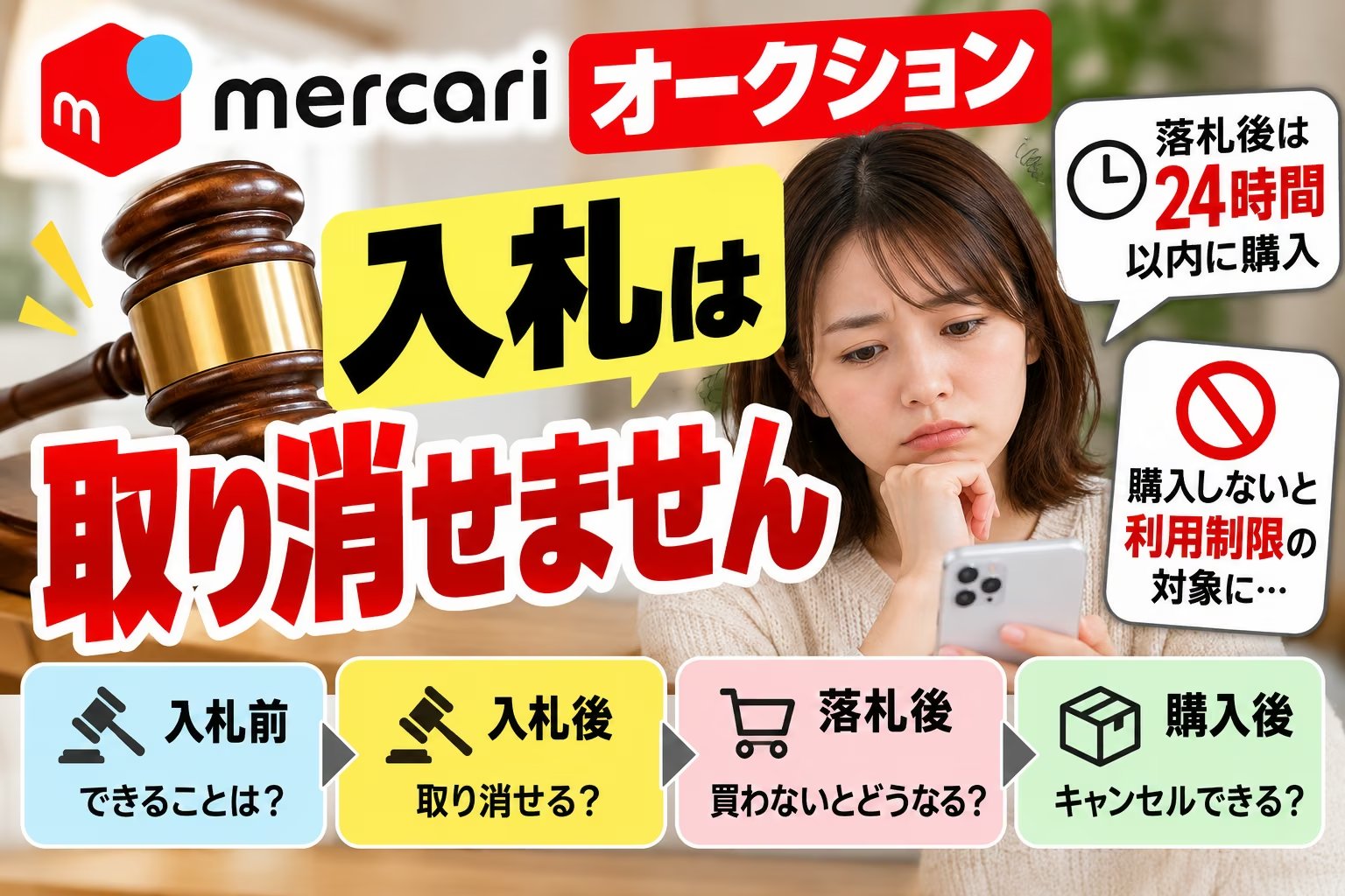 メルカリのオークションで入札を取り消せない・落札後24時間以内に購入しないと利用制限の対象になる流れ