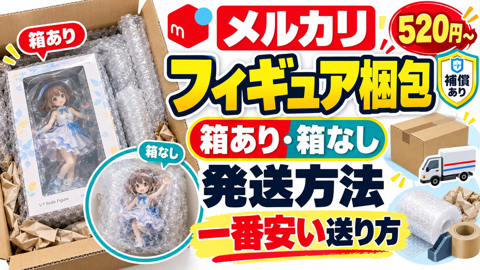 メルカリのフィギュア梱包。箱あり・箱なしの梱包と発送方法、一番安い送り方は520円から