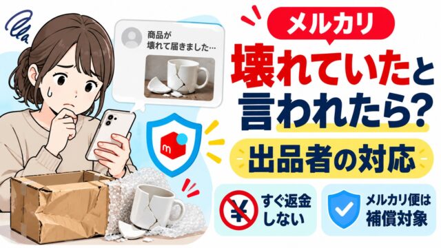 メルカリで「壊れていた」と言われたら｜出品者は一方的に返金やキャンセルを済ませない。メルカリ便なら全額補償サポートの5条件と期限（配達完了日の翌日から14日）。自分で判断せず事務局に聞く私が、補償されない理由もヘルプで確かめた