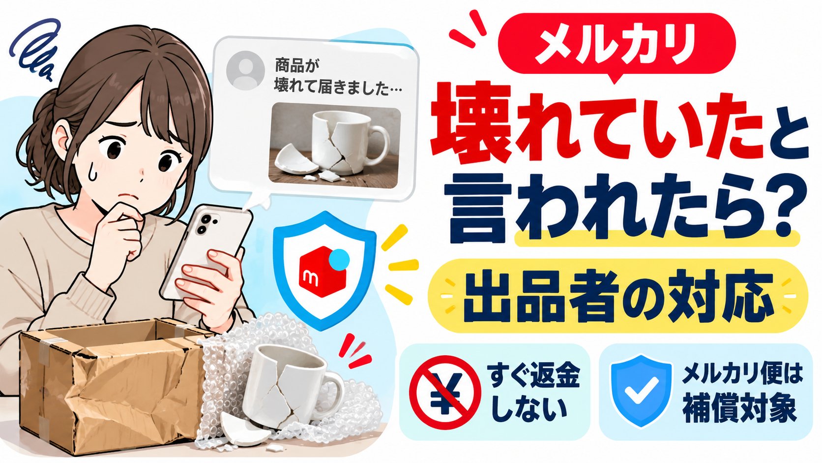 メルカリで壊れていたと言われたら？出品者の対応。すぐ返金しない、メルカリ便は全額補償サポートの対象