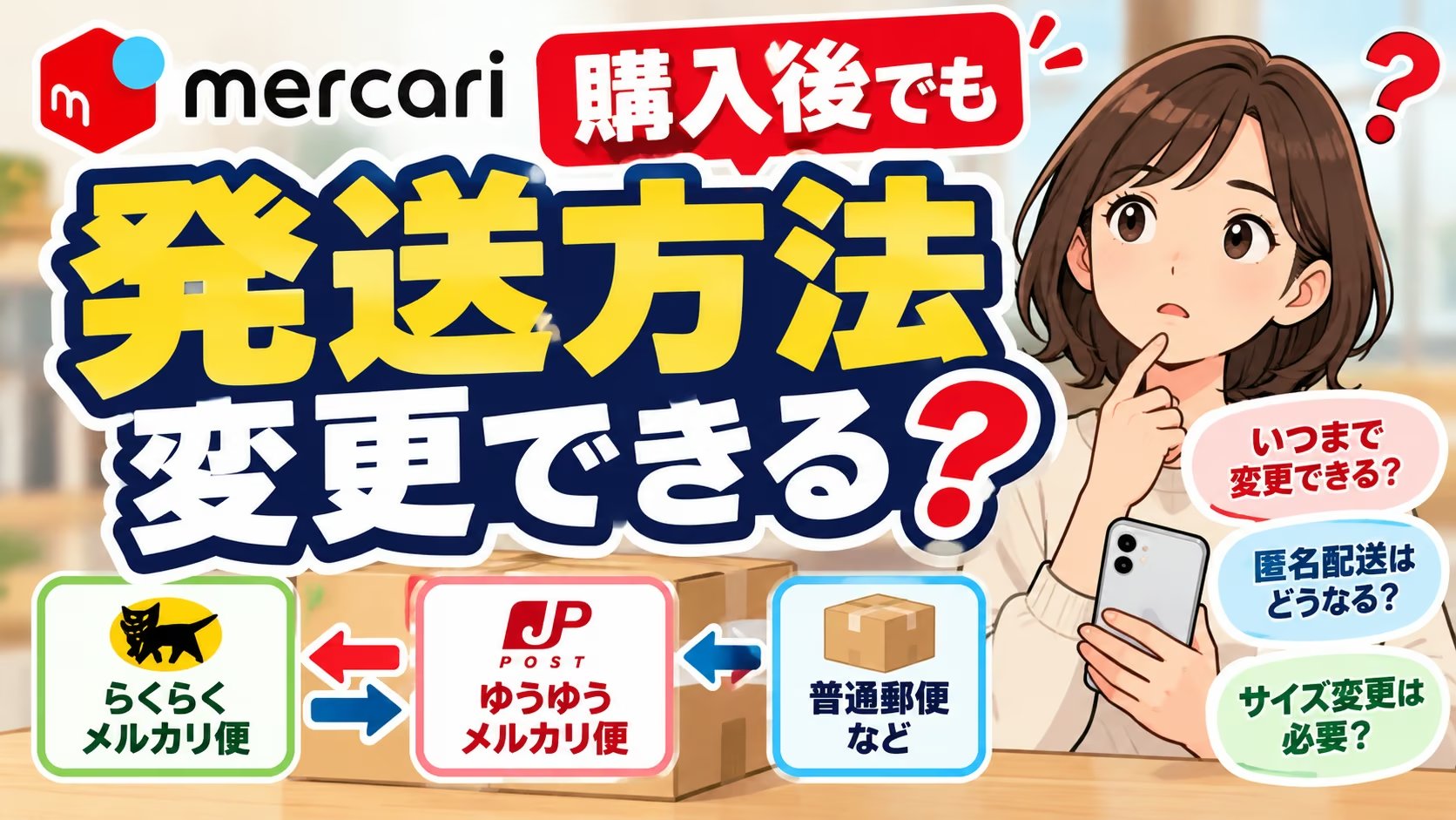 メルカリは購入後でも発送方法を変更できる？らくらく・ゆうゆうメルカリ便と普通郵便の変更、匿名配送とサイズ変更