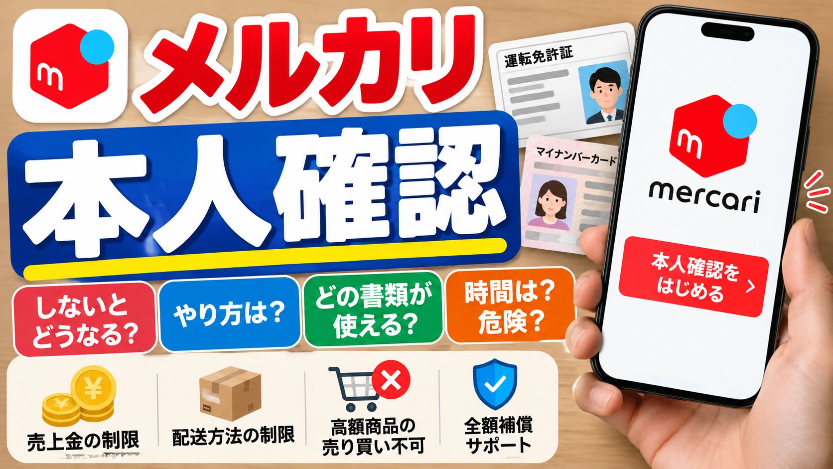 メルカリの本人確認｜しないとどうなる・やり方・使える書類・時間・危険？ 売上金と配送方法の制限、高額商品の売り買い不可、全額補償サポート