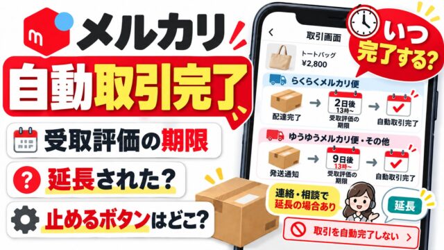 メルカリの自動取引完了｜受取評価の期限は、らくらくメルカリ便なら配達完了から2日後13時以降、ゆうゆうメルカリ便などは発送通知から9日後13時以降。延長されても何もせず待って完了した出品者の私が、しないボタン・評価・ペナルティをヘルプで確かめた