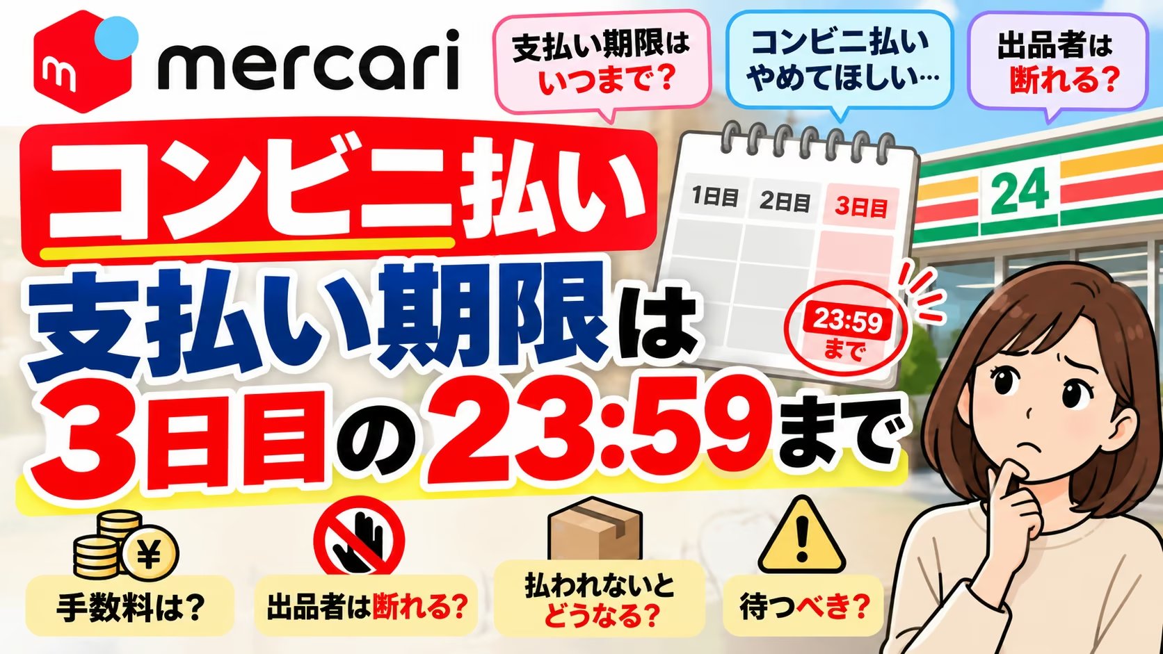 メルカリのコンビニ払いの支払い期限は購入日を含む3日目の23:59まで。手数料、出品者は断れるか、払われないとどうなるか
