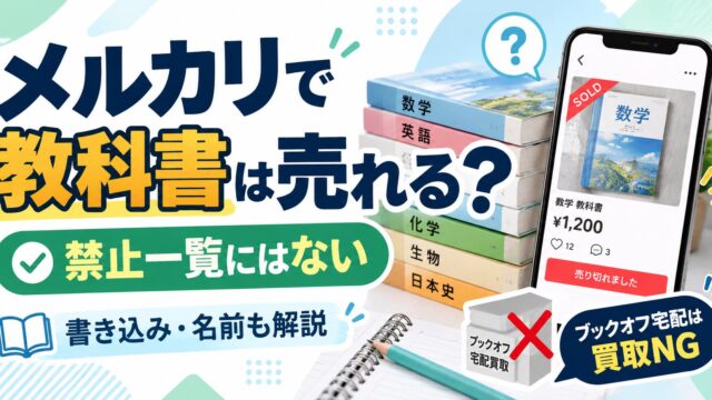 メルカリで教科書は売っていい？｜禁止出品物に入っておらず、書き込みありでも売れた。小中学校の教科書は国の無償給与、ブックオフの宅配買取は教科書を買い取らない。家族の物と仕入れた物を売り、学び直しで高校の教科書を手元に置く私が、名前・版・セット売りの注意点を確かめた
