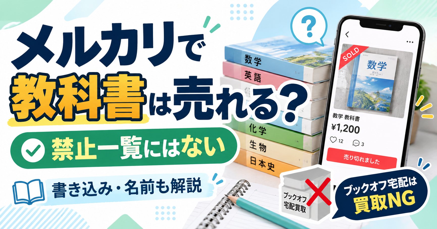 メルカリで教科書は売れる？禁止一覧にはない。書き込み・名前の扱いも解説、ブックオフ宅配買取は教科書NG