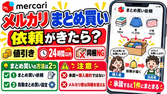 メルカリのまとめ買い｜依頼は10点まで、出品者が24時間以内に承諾すると1件にまとめて出品されるが、購入の約束ではない。自動まとめ買い設定の値引きは100〜500円・合計の20%まで。依頼を受けたことのない出品者の私が、承諾前に確かめることと買われないときの戻し方をヘルプで確かめた