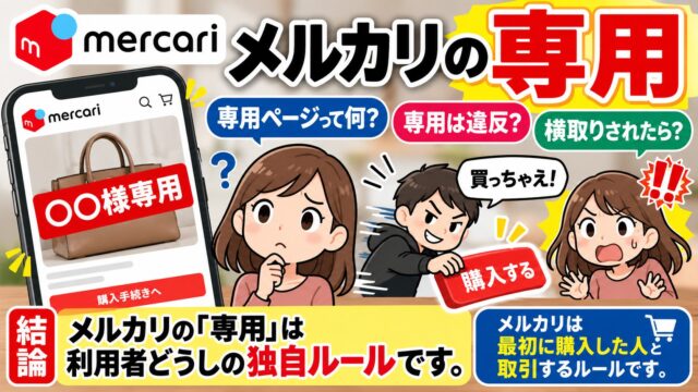 メルカリの専用とは｜専用ページは公式の機能ではなく、先に買った人と取引するのがルール。私は専用をやめ、ほかの人の専用はワンチャン狙いで買う