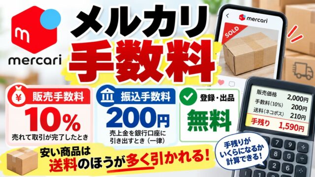 メルカリの手数料は販売価格の10%｜手残り計算機と早見表。送料込みで赤字にならない価格と振込手数料200円