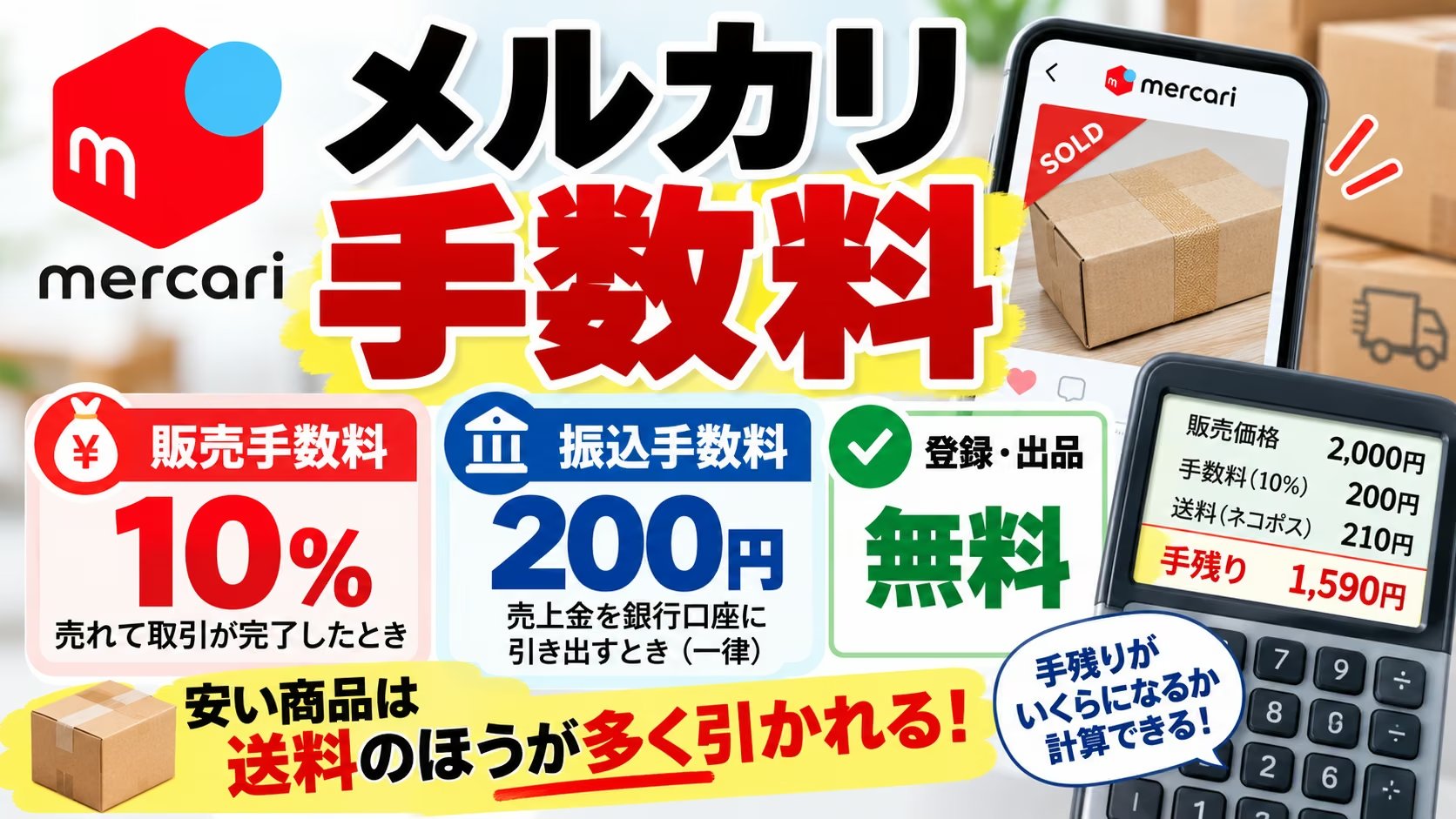 メルカリの手数料 販売手数料10%・振込手数料200円・登録と出品は無料