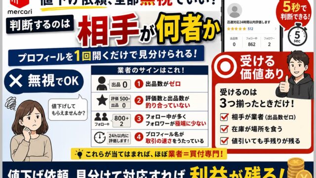 メルカリの値下げ依頼は無視していい｜ペナルティなし。応じても買われないことがある理由と、受けるべき相手はプロフィールで5秒で分かる