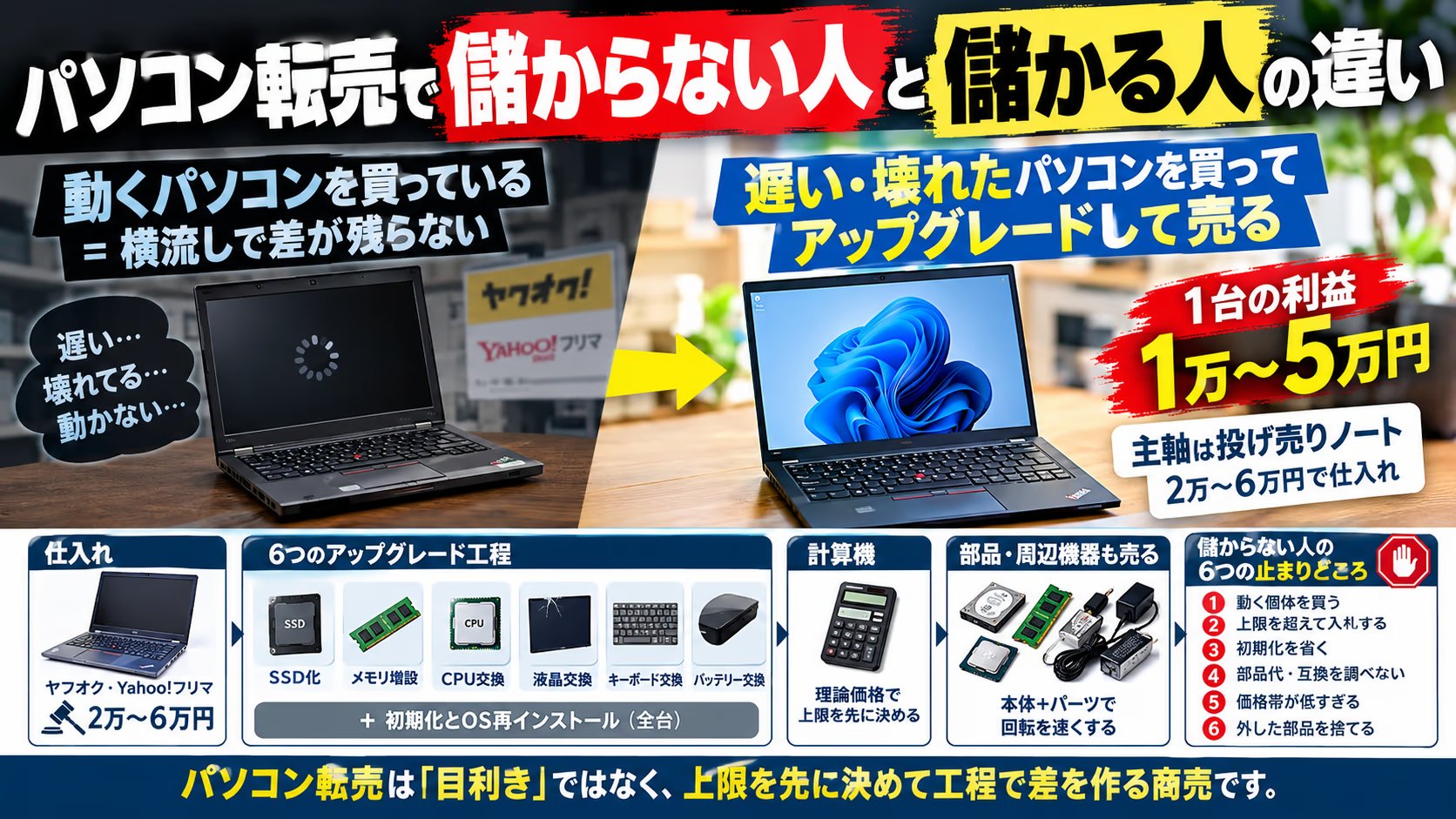 パソコン転売で儲からない人は「動くパソコン」を買っている｜投げ売りノートを2〜6万円で拾い、SSD化とメモリ増設で1台1〜5万円残す実測