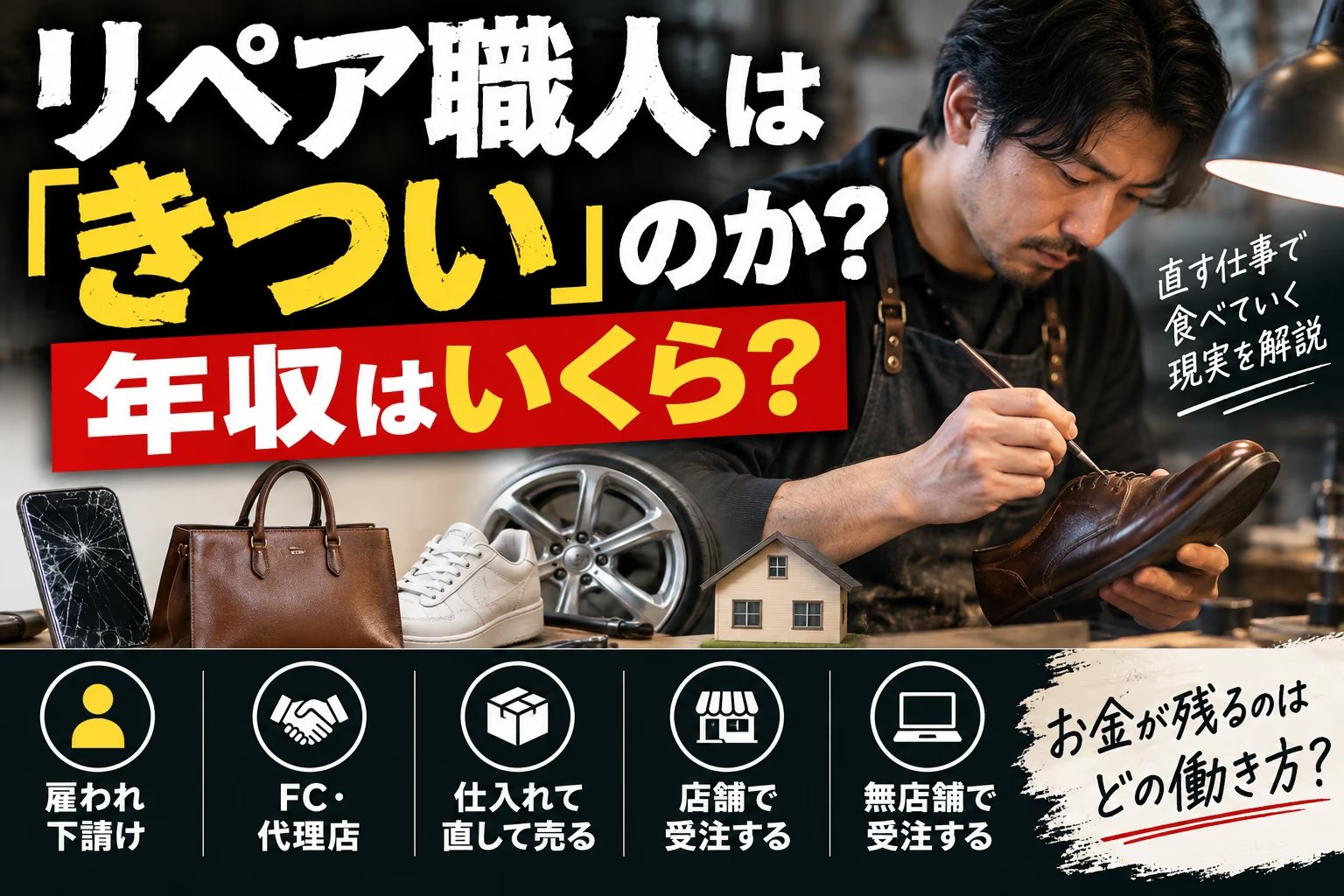 リペア職人はきついのか、年収はいくらか。雇われ・FC・仕入れて直して売る・店舗受注・無店舗受注の5つの働き方の比較