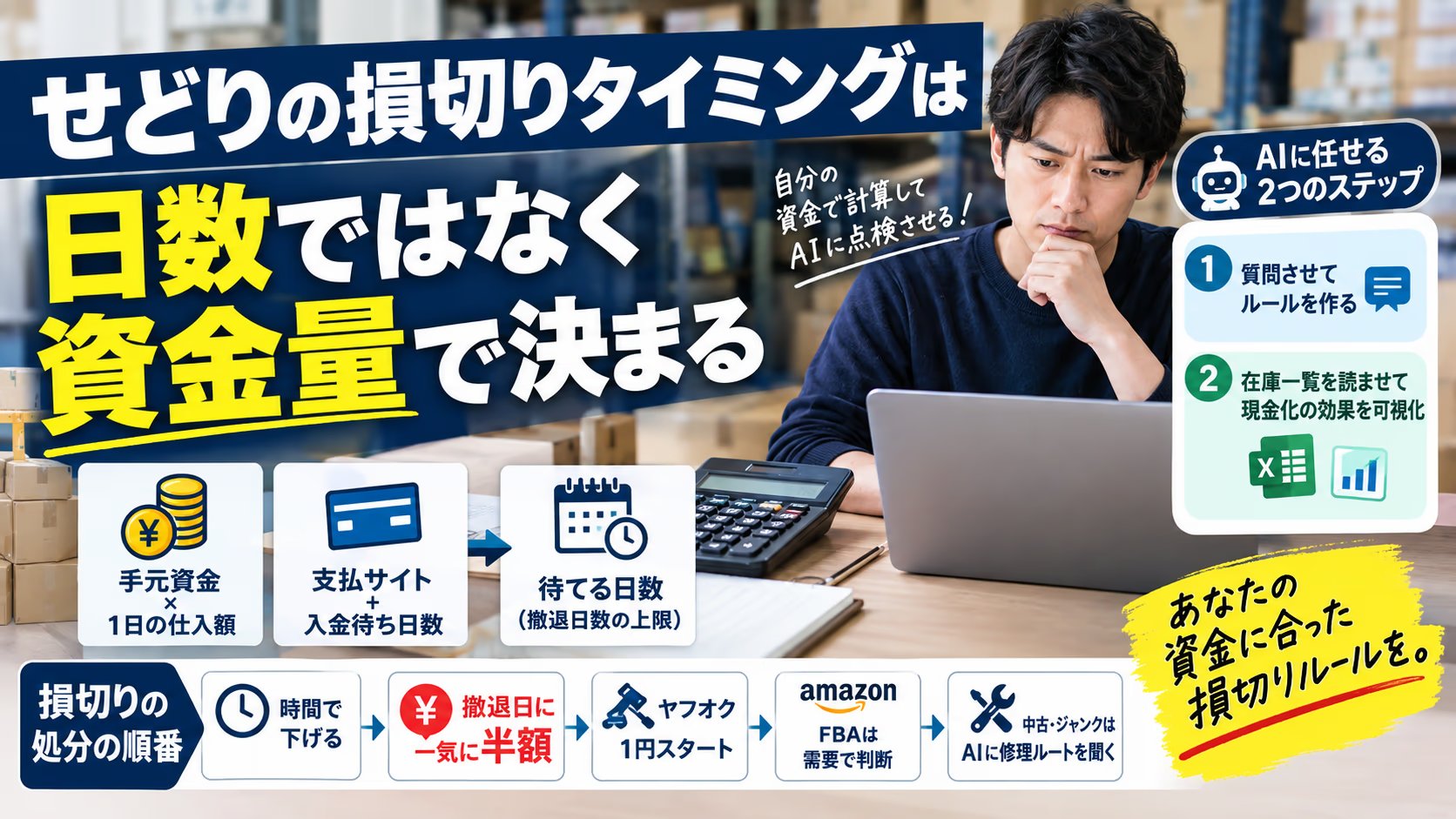 せどりの損切りタイミングは日数ではなく資金量で決まる｜待てる日数の計算機と、半額・1円スタート・セット売り・廃棄の順番