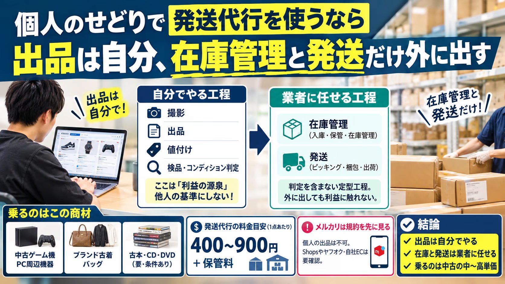自己発送代行を個人のせどりで使うなら「出品は自分、在庫と発送だけ業者」｜自前の倉庫とバイトで回した側が、中古で乗る商材と乗らない商材を計算した