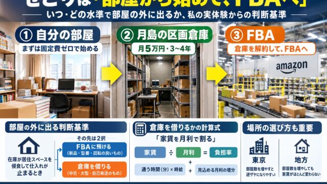 せどり部屋はいつ外に出すか｜自分の部屋→FBA→倉庫の順番と、月島に月5万円の区画倉庫を3〜4年借りた側の計算