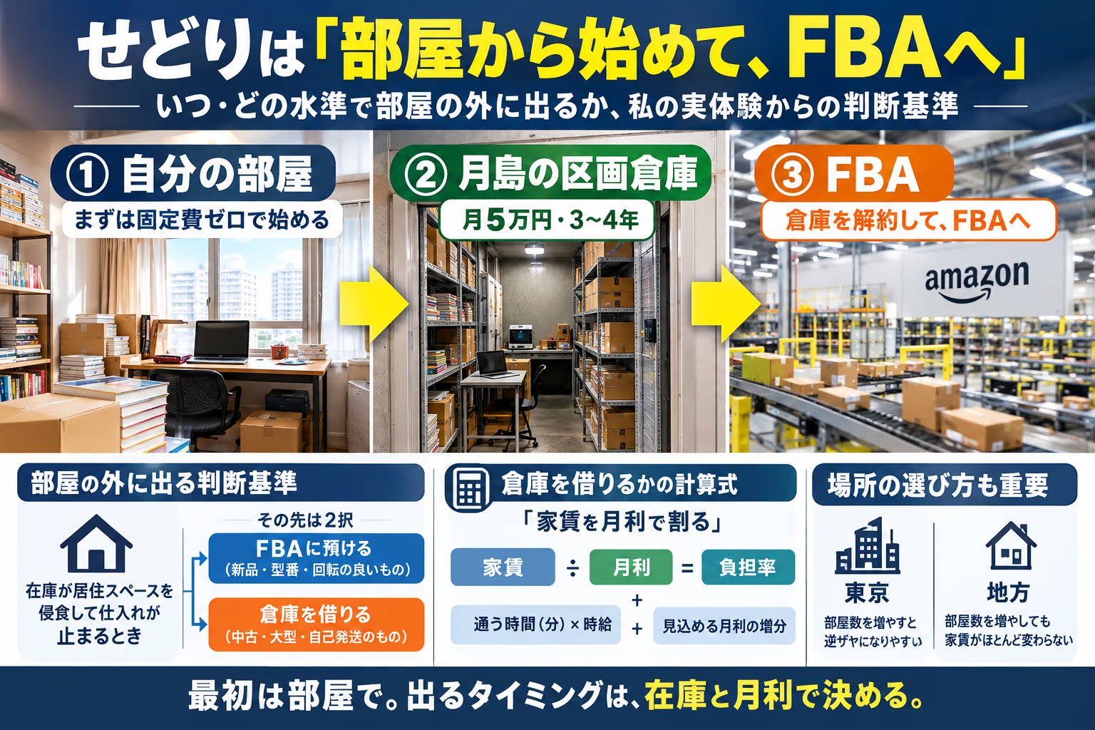 せどり部屋はいつ外に出すか｜自分の部屋→FBA→倉庫の順番と、月島に月5万円の区画倉庫を3〜4年借りた側の計算
