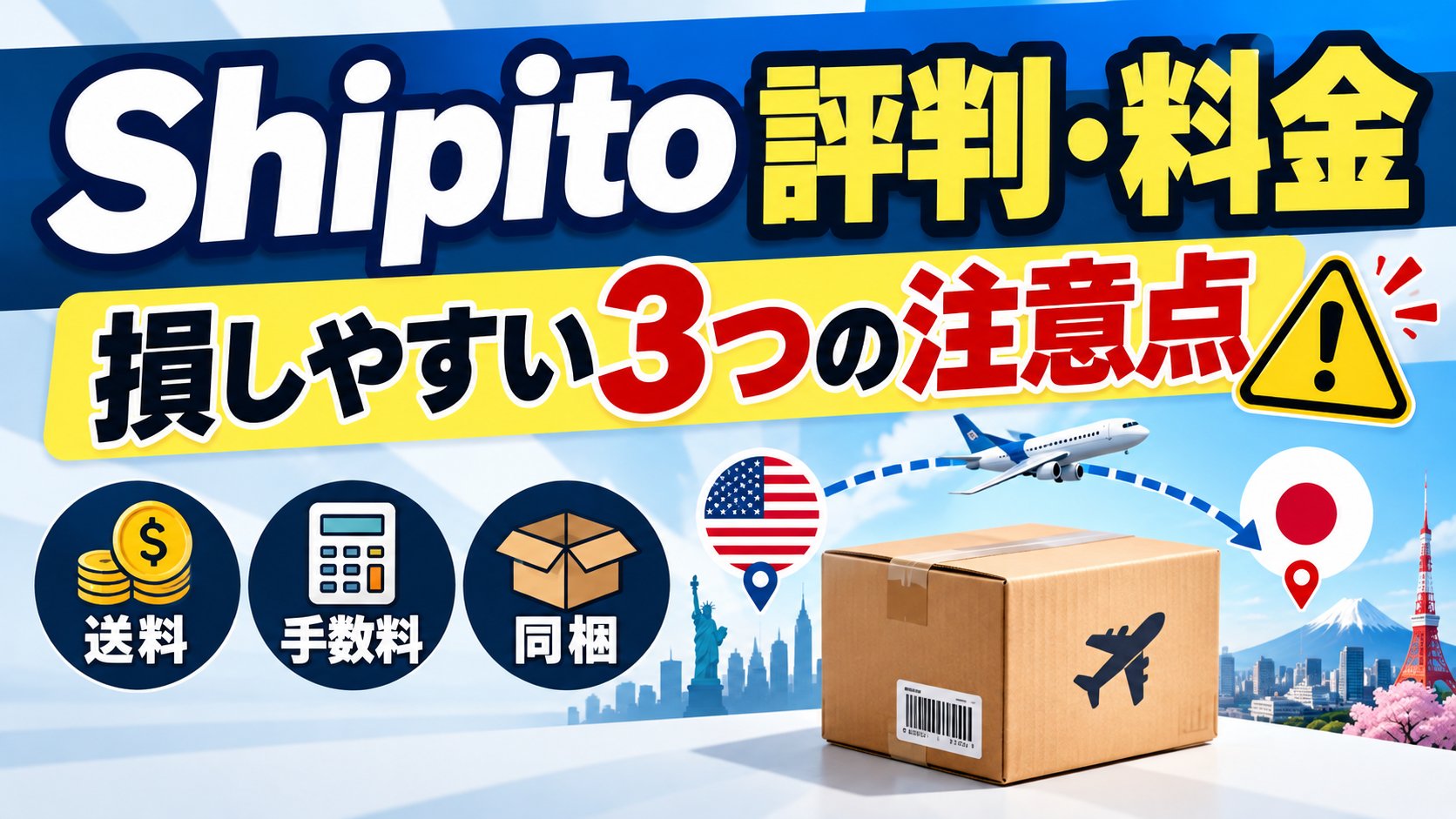 Shipitoの評判・料金と損しやすい3つの注意点（送料・手数料・同梱）。アメリカから日本への転送のイメージ