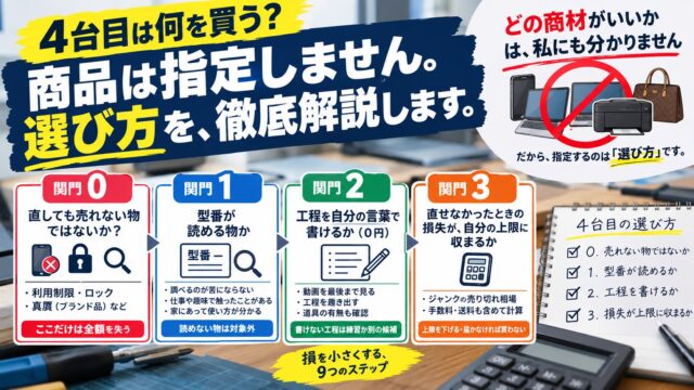 修理転売の4台目は何を買うか｜商材ではなく4つの関門で選ぶ。直せなかったときの損失計算機