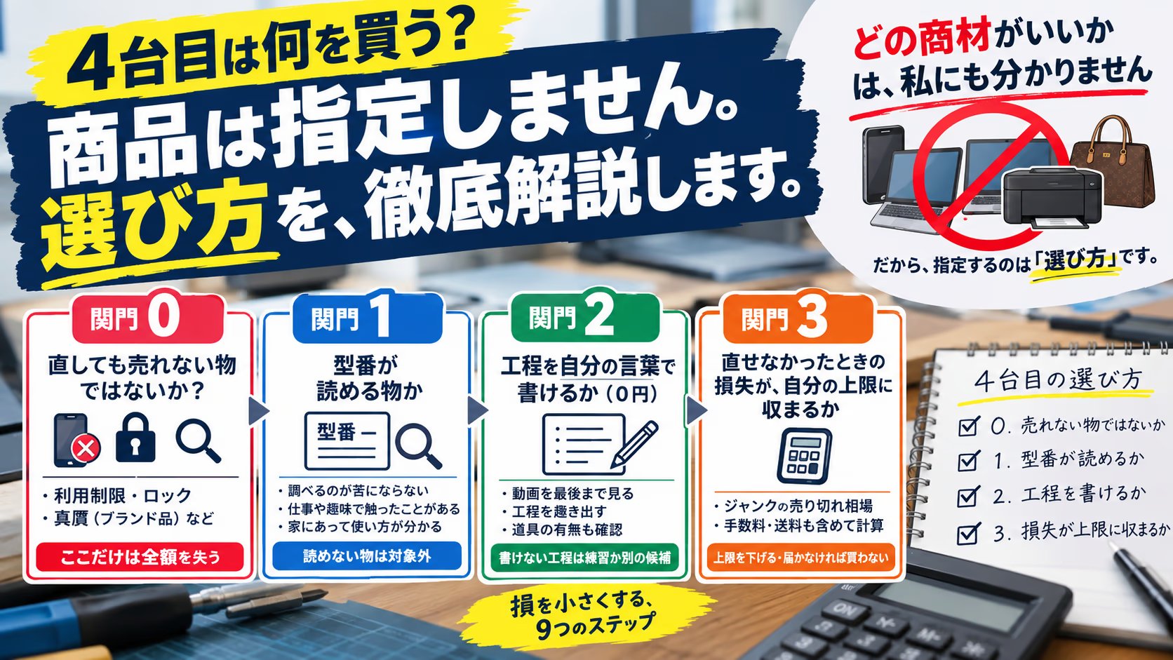 修理転売の4台目は何を買うか｜商材ではなく4つの関門で選ぶ。直せなかったときの損失計算機