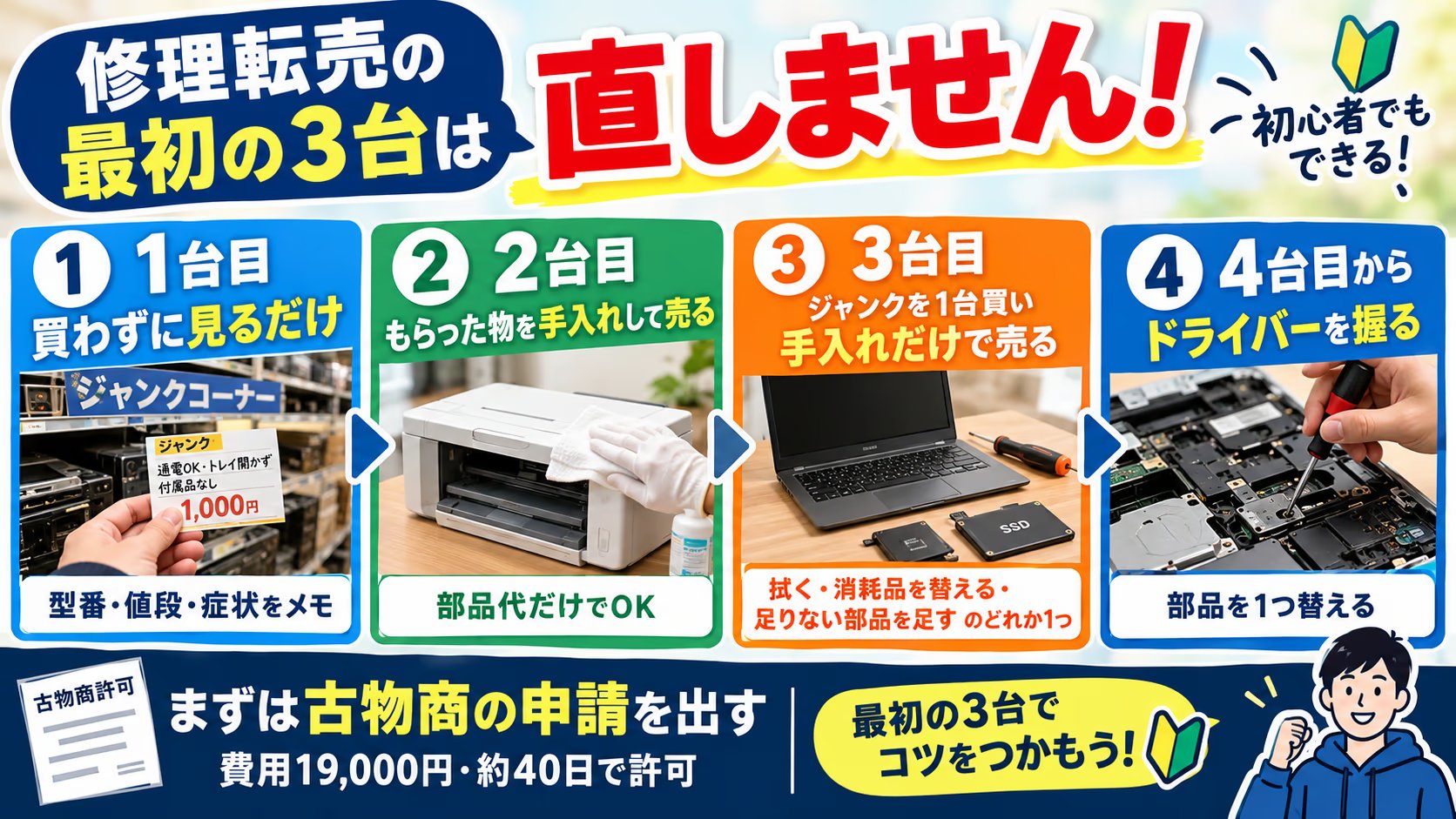 修理転売の始め方｜最初の3台は直さない。見るだけ→もらい物→ジャンク1台の順番