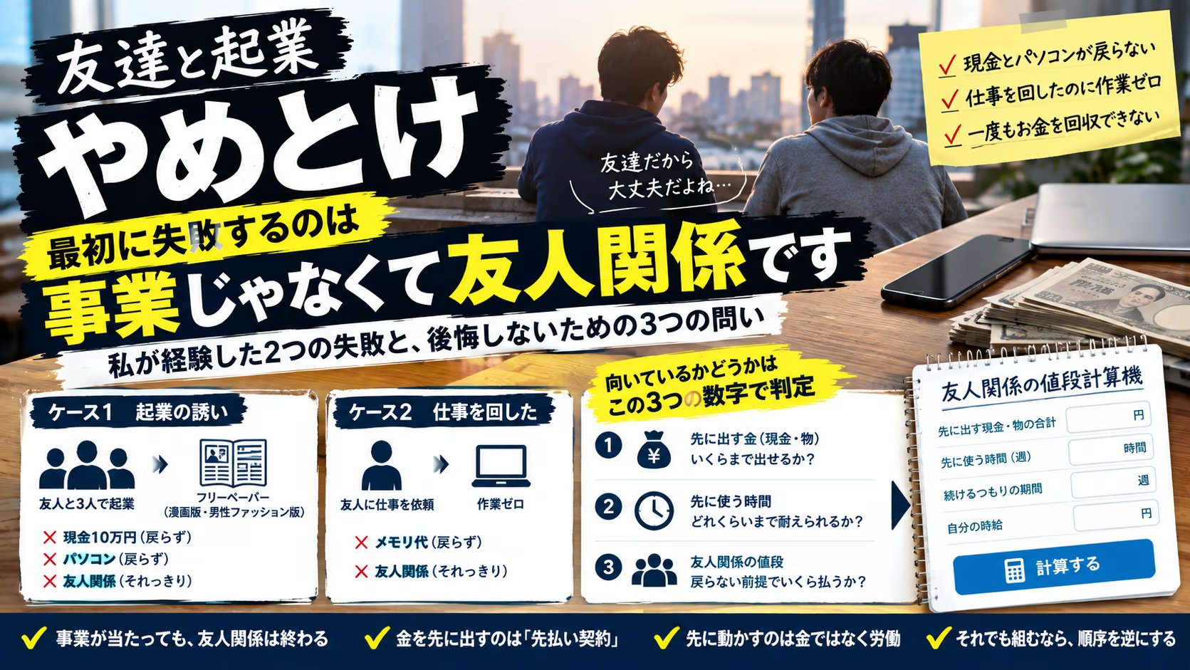 「友達と起業はやめとけ」を、友人の会社に10万円とパソコンを置いて抜けた側から書く