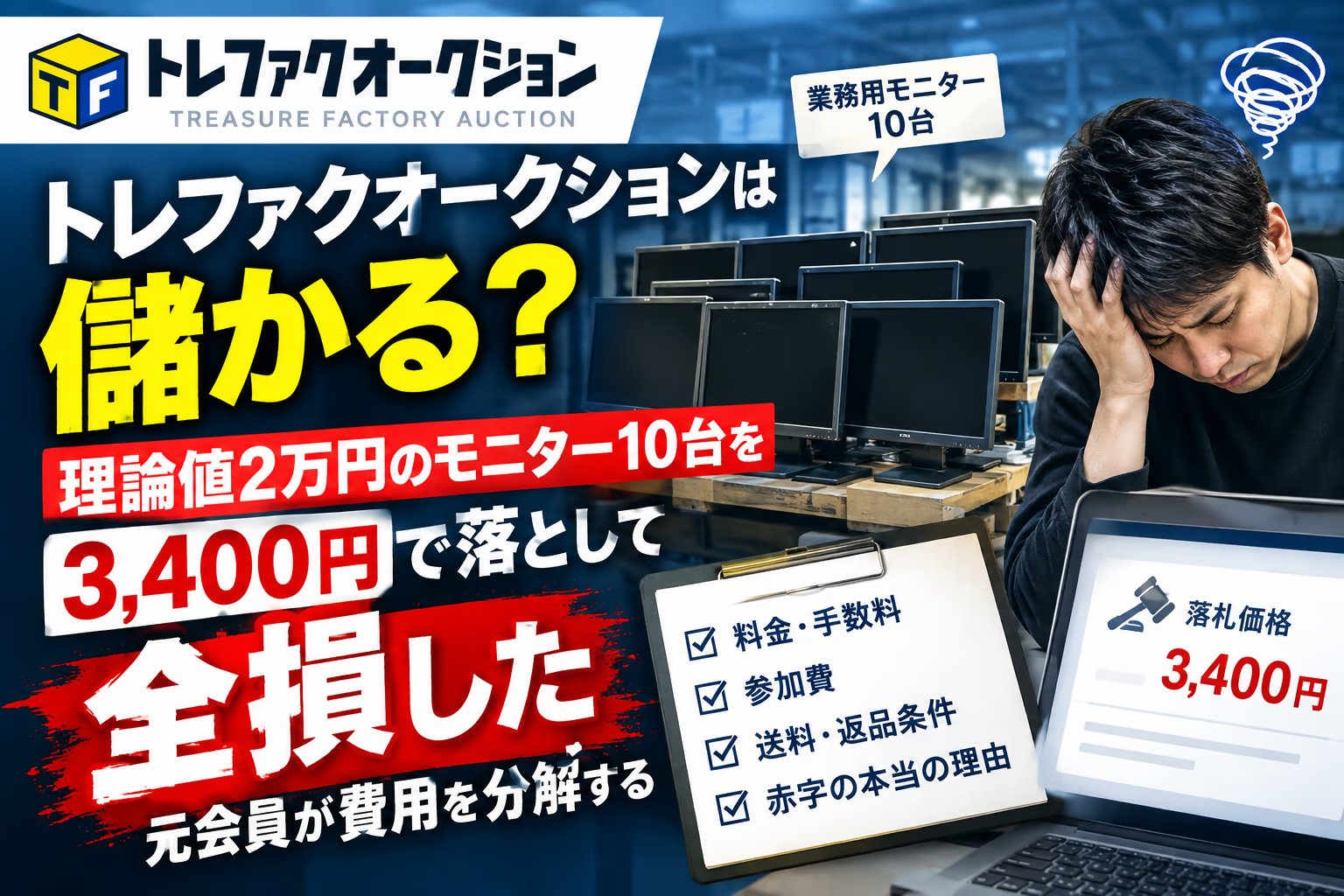 トレファクオークションは儲かる？理論値2万円のモニター10台を3,400円で落として全損した元会員が費用を分解する