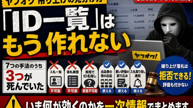 ヤフオク吊り上げの見分け方【2026年9月検証】Yahoo! JAPAN IDの一覧は作れないが、URLの文字列で同じIDは追える。オークフリーで出品者の過去の落札も読める・7つの手法のうち3つが死んでいた