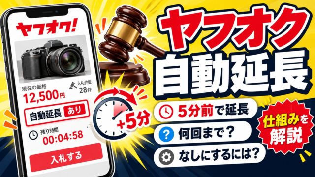 ヤフオクの自動延長｜終了5分前に価格が上がると5分延びる。「なし」を選べるのはLYPプレミアム会員がウェブ版から出品するときだけで、出品者の私はいつも「あり」