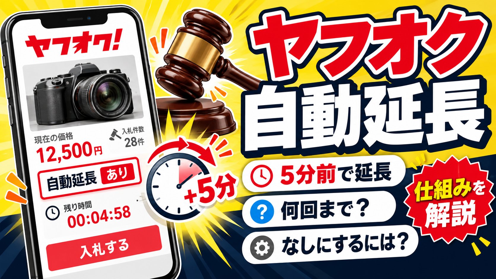 ヤフオクの自動延長の仕組み。終了5分前に価格が上がると5分延長、何回まで続くか、「なし」にするには